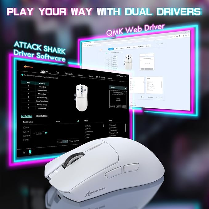 ATTACK SHARK X1 Ultralight Wireless Gaming Mouse with Magnetic RGB Charging Dock,PixArt PAW3395 Pro Sensor,40000DPI,BT/2.4Ghz/Wired,1K Polling,Optical Micro Switch,Web Driver for PC Mac Gamer(White)