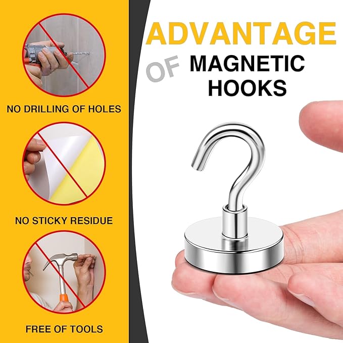 DIYMAG Magnetic Hooks,10pack Magnet Hook Essentials Strong Heavy Duty Magnetic Hooks for Kitchen Refrigerator Hanging Classroom Cruise Cabins Accessories Hooks Silver
