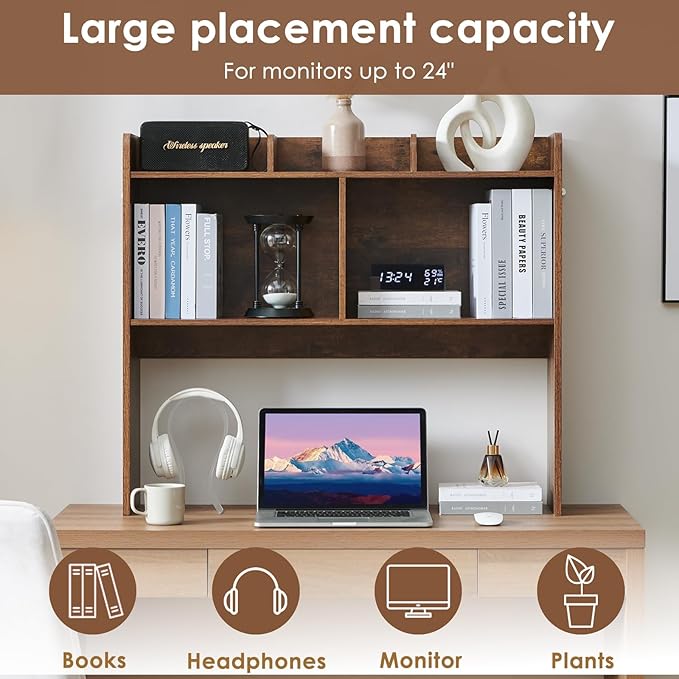 Nromant Desktop Bookshelf, Wooden Desk Storage Hutch with 5 Shelves, 3-Tier Desktop Display Organizer Rack for Office Home (Brown, 5 Shelves B)
