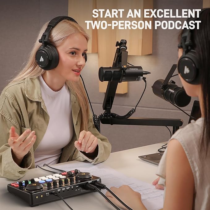 MAONO Podcast Equipment Bundle: Audio Interface and USB/XLR Dynamic Mic with Dual XLR Input, Quick to Mute, Noise Reduction, 8 Customize soundpads for Podcast Recording, Streaming, YouTube