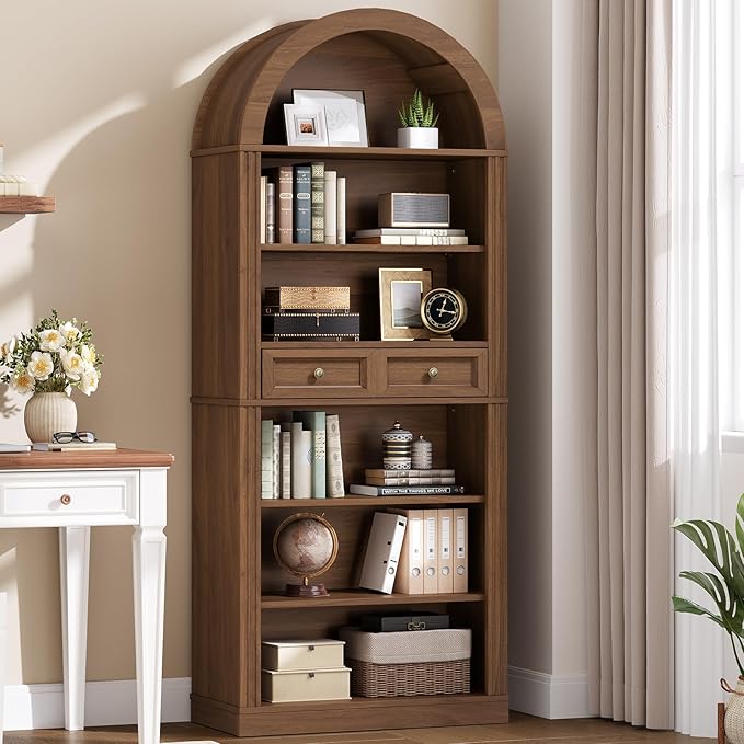RALGEND Arched Bookshelf, 73" Tall Arch Bookcase with Drawers, 6-Tier Farmhouse Book Shelf, Wooden Bookshelf with Open Display Shelves for Living Room, Office, Adjustable Shelf, Walnut