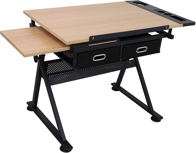 Adjustable Drafting Table Drawing Table, Tilting Tabletop Art Craft Desk w/2 Storage Drawers Stool for Home Office Crafting, Reading, Writing (Natural Wood)