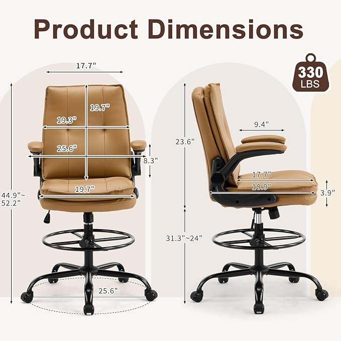 Karl home Drafting Chair Height Adjustable for Standing Desk, PU Upholstered Tall Office Swivel Desk Chair with Flip-Up Armrests, Ergonomic Lumbar Support, Adjustable Foot Ring, Khaki