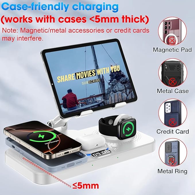 6 in 1 Wireless Charger for Apple Device, 30W Foldable Wired Charging for ipad with Clock & 7 Color Ambient Light, Nightstand Charger Station for iPhone 17/16/15/iWatch Series/AirPods 4/Pro 3(White)