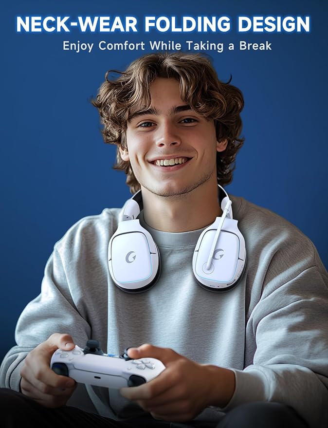 Gvyugke 2.4GHz Wireless Gaming Headsets for PS5, PS4, PC, Switch - Bluetooth 5.3 Gaming Headphones with Noise Canceling Mic, 7.1 Surround Sound, 70H Battery, Blue Lighting - White
