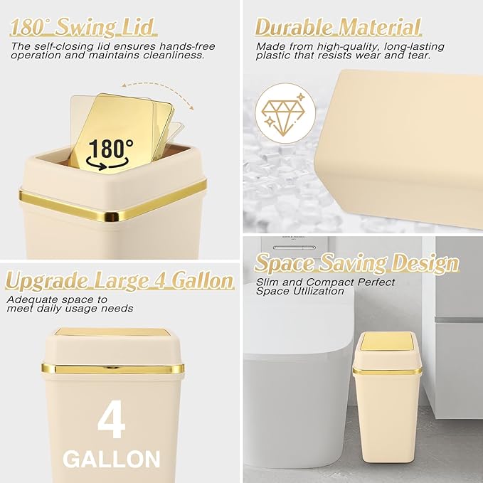 Bathroom Trash Can with Lid 4 Gallon Small Trash Can with Swing Lid Black/White/Beige Bathroom Garbage Can with 225 Counts Trash Bags for Kitchen Bedroom Office