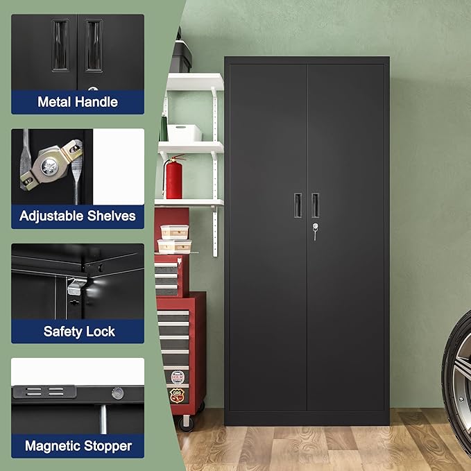 71" H Tall Metal Storage Cabinet with Lock and 5 Adjustable Shelves, Metal Garage Storage Cabinet for Home, Office, Garage, Warehouse Organize, Black
