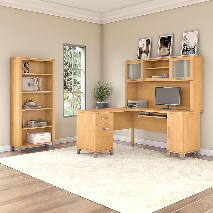 Bush Home Somerset 60W L Shaped Desk with Hutch and 5 Shelf Bookcase in Maple Cross