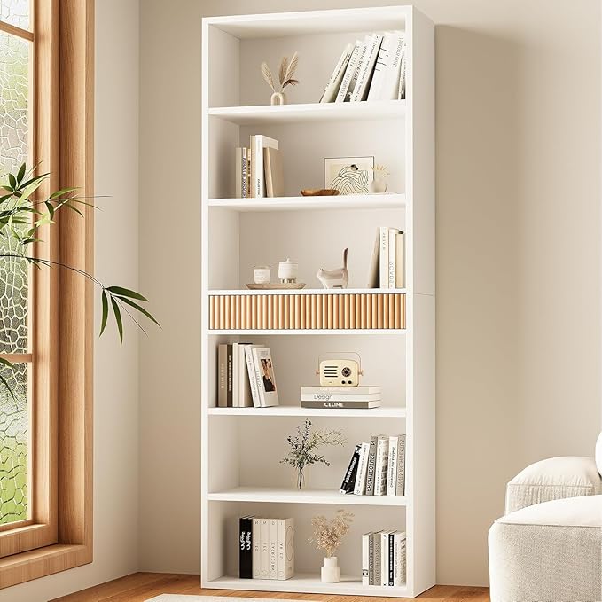 INNOD 7-Tier Bookshelf with Storage, 72" Tall Bookcase with Drawer, Display Book Shelf Book Organizer with Anti-tip Device, Home Decor Wood Furniture for Office, Bedroom, Living Room, White