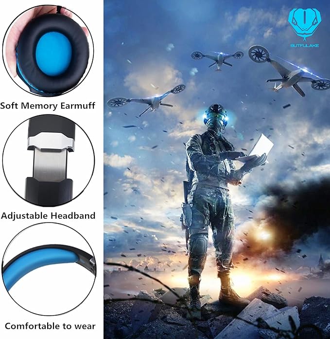Gaming Headset for PS4, PC, Xbox One, PS5, for Nintendo Switch, Wired Over Ear Headphones with Stereo Surround Sound, Noise-Cancelling Microphone, LED Lights for Kids Adults, Black Blue