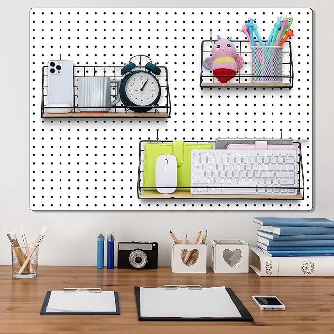 Roowest 3 Sets Metal Pegboard Shelves with Steel Peg Board Brackets and Hooks Wall Organizer Storage Display Tray Accessories for Craft Room Home Office Garage Nursery Workbench Kitchen(Black)