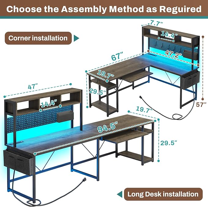 SEDETA L Shaped Desk, 94.5 Inch Office Desk with Power Outlet & Pegboard, L Shaped Desk with Led Light, Keyboard Tray, Storage Shelves and Headphone Hook for Home Office, Walnut Brown