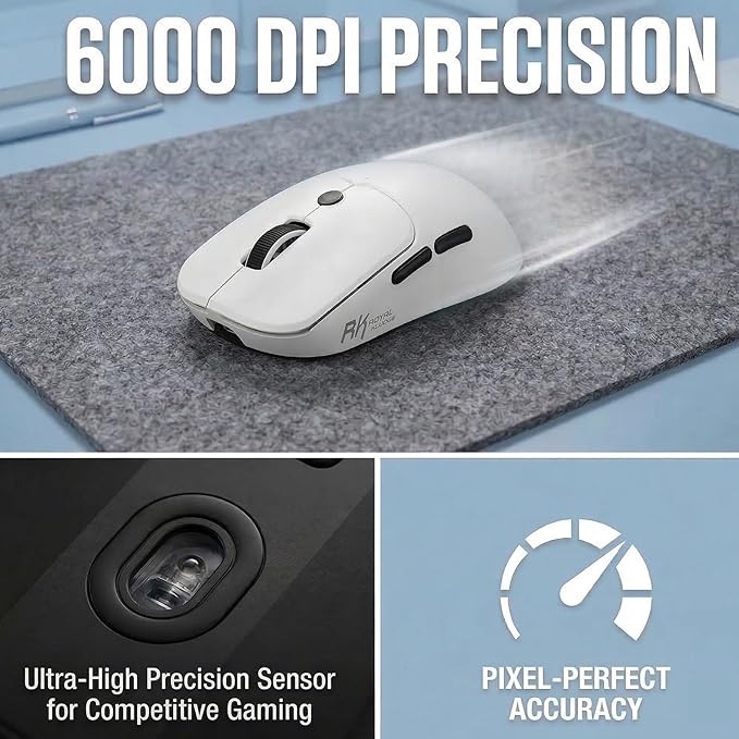 RK ROYAL KLUDGE MO1 Wireless Mouse, 55g Ultra-Lightweight Computer Mice, 6 Programmable Buttons, 2.4GHz/Bluetooth/Wired, 6000 DPI Optical Sensor, White
