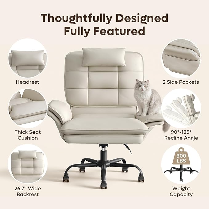 Bestier Cross Legged Office Chair Criss Cross Chair with Adjustable Arms 135° Reclining PU Leather Executive Chair with Wheels Big and Tall Computer Desk Chair for Home Office Beige
