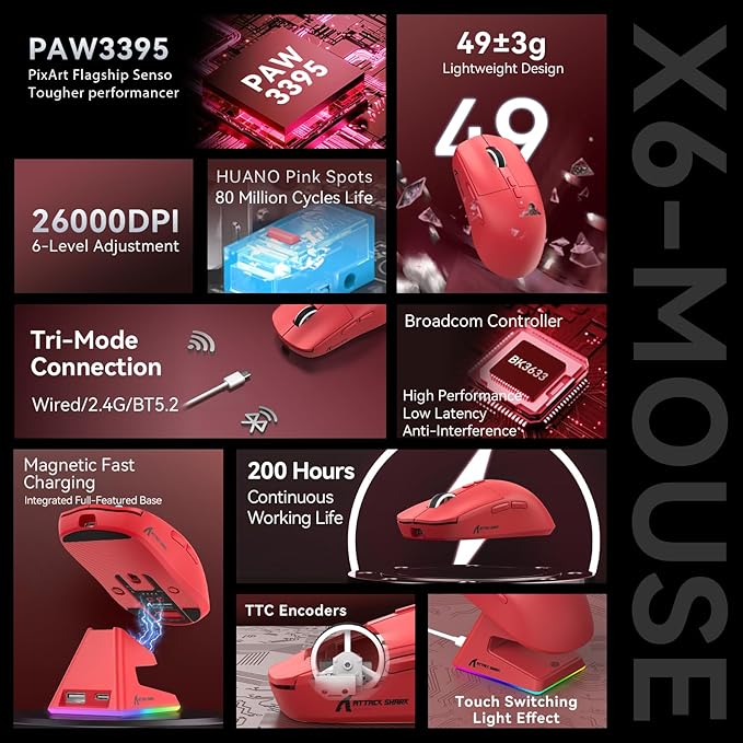 ATTACK SHARK X6 Lightweight Wireless Gaming Mouse with RGB Backlight Charging Base,Tri-Mode Wired/2.4GHz/BT5.2,26K DPI, PAW3395 Optical Sensor,HUANO Switch,5programmable Buttons,PC/Mac(Red)