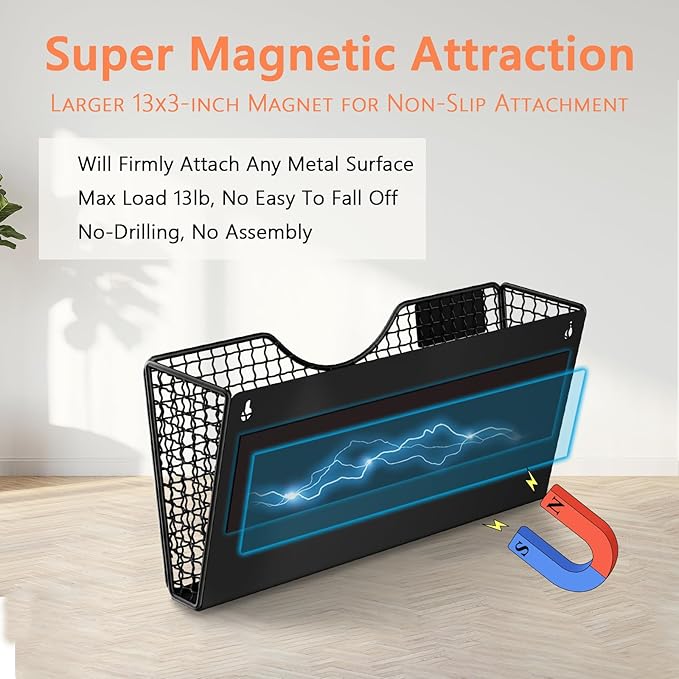 MFTEK Magnetic File Holder, 1 Pockets Magnetic File Folder Holder No Drilling Magnet Paper Mail Organizer Magazine Basket, Hanging Wall Storage Rack for Fridge Cabinets Office Classroom
