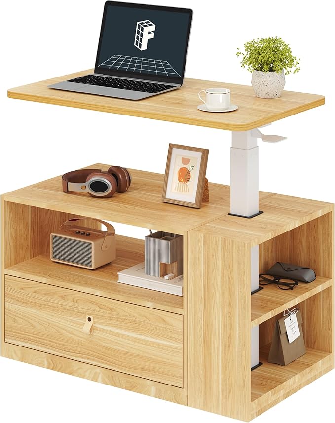 FLEXISPOT H7 CAB Height Adjustable Sit-Stand Computer Workstation Desk with Storage, Pneumatic Lift Laptop Desk with Drawer & Cabinet, Compact Small Space Home Office Desk (25.8"–41.3", Maple)