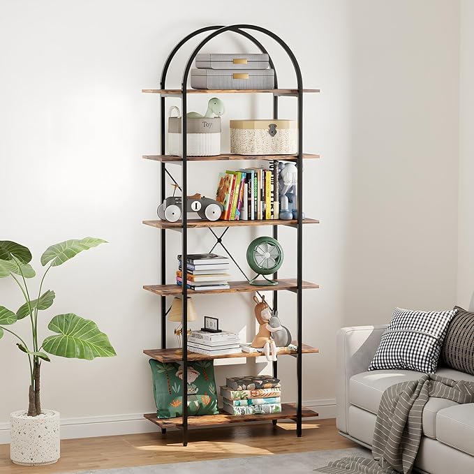 Arbuxzuy 6 Tier Bookshelf, 83" Tall Arched Bookcase, Tall Book Shelf with Metal Frame, Industrial Display Standing Shelf for Living Room, Home Office, Bedroom, Brown