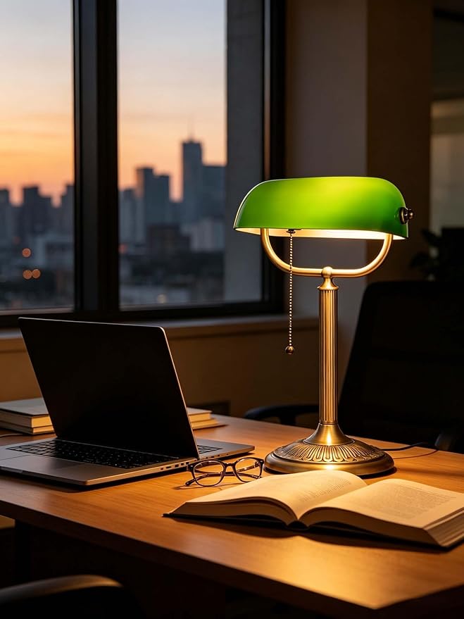 Newrays 1-Minute Quick-Change Shade Classic Green Glass Bankers Desk Lamp for Study, Office, Library, LED Bulb Included