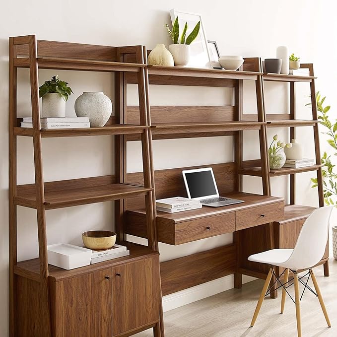 Modway Bixby 3-Piece Home Office Desk and Bookshelf Display Case in Walnut