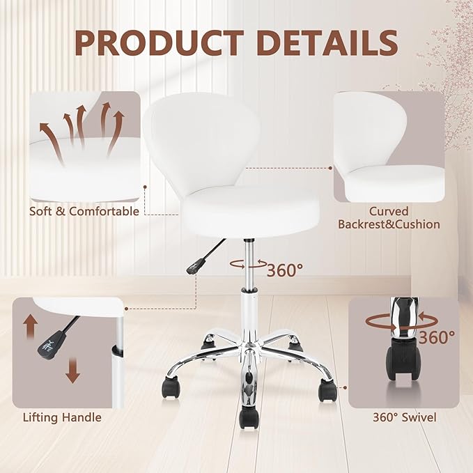 KLASIKA Leather Rolling Salon Stool with Back Support and Wheels Adjustable Height Swivel Spa Stools for Office Massage Facial Medical Drafting Tattoo Beauty Barber Lab Doctor Tattoo, White, 2 Pack