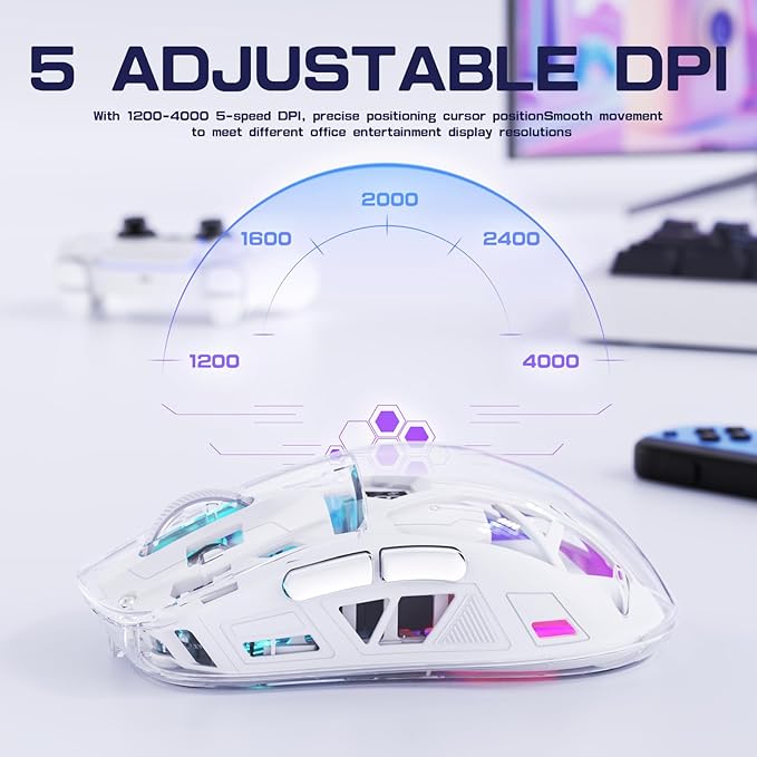 FREEWOLF A2 Transparent Wireless Gaming Mouse,Dual Mode BT 5.0/2.4G PC Gaming Mice,PixArt 3212 5 Adjustable DPI,Rechargeable Silent Mouse with Digital Screen,RGB Backlight Mouse for Win/Mac(White)