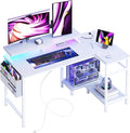 DUMOS Gaming Desk, Computer Desk with USB Charging Ports, Power Outlets, Type-C and LED Lights, Reversible L Shaped Desk with Storage Shelves & Monitor Stand for Office Gaming Room White 40IN
