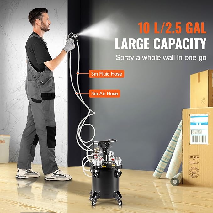 Spray Paint Pressure Pot Tank 10 L/2.5 gal Fully Automatic Stirring 70 psi Automatic Stirring: The paint pressure pot is equipped with a pneumatic motor for automatic stirring, ensuring even mixing