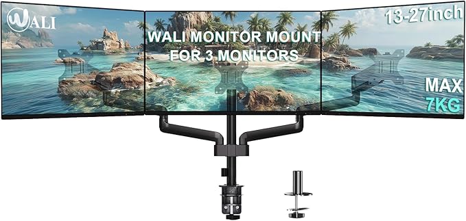 WALI Triple Monitor Mount for 13-27 inch Screens, Adjustable 3 Monitors Desk Mount with Swivel, Tilt, Clamp & Grommet Kit, Triple Monitor Stand for Desk, VESA 75x75/100x100mm (GSDM003), Black