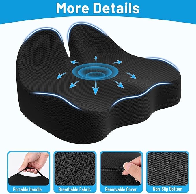 Cushzone Seat Cushion, Memory Foam Office Chair Cushions, Ergonomic Curved Design for Sciatica, Tailbone, Coccyx, Seat Support for Car, Desk Chair, Wheelchair, Enhances Long Sitting Comfort (Black)