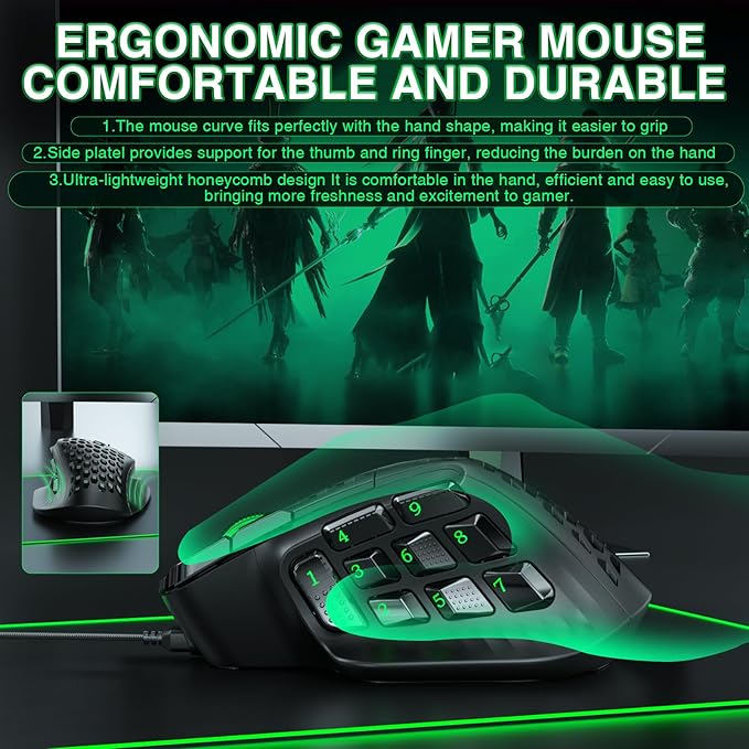 SOLAKAKA SM809 Gaming Mouse for MMO,24000 DPI,16 Programmable,RGB PC Gaming Mice,Black