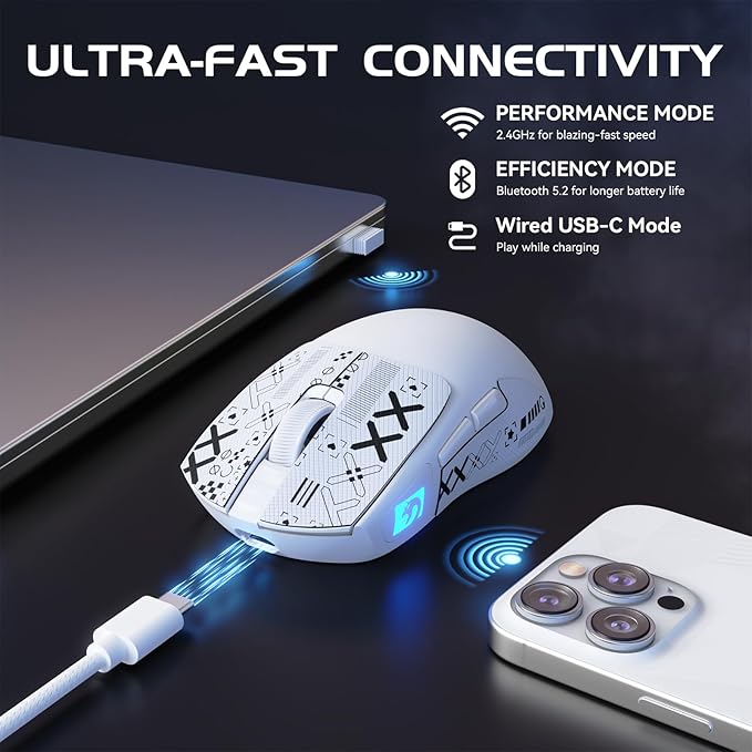 MAMBASNAKE M4 Wireless Gaming Mouse, 52g Lightweight BT/2.4Ghz/Wired Computer Mouse, PAW3311 24K DPI Optical Sensor, 200h Battery Life, Griptape, Programmable Mice for PC/Win/Mac(White)
