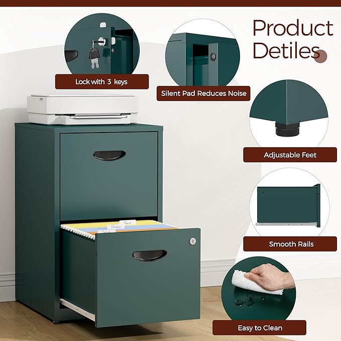 2 Drawer File Cabinet with Lock,Green Metal Filing Cabinets,Vertical Locking File Cabinet Fit Hanging Files, Letter,File Box and A4 Documents
