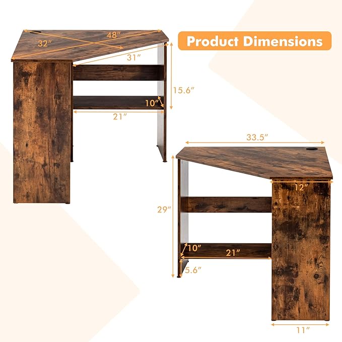 COSTWAY Corner Computer Desk, Space-Saving Triangular Writing Desk w/ 2 Storage Shelves & 2 Cable Holes, Multi-Functional Console Table for Small Space in Home Office, Living Room, Bedroom (Coffee)