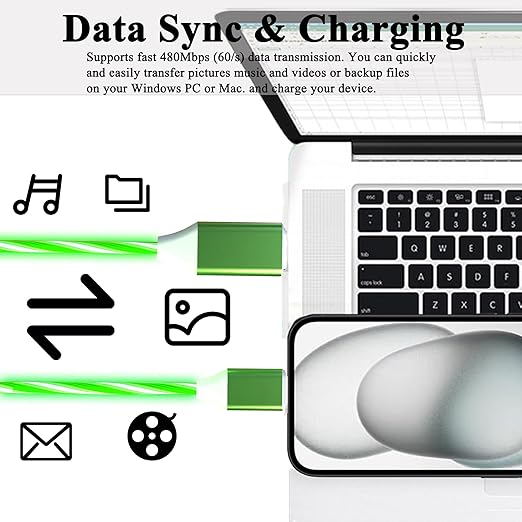 USB C to USB C Cable 3A Light Up C to C Cable LED C to Type C Fast Charging Cord for Samsung Galaxy S23 S22 S21 S20 Ultra, i-Phone 15 16, iPad mini Pro Air(6.6FT,Green)