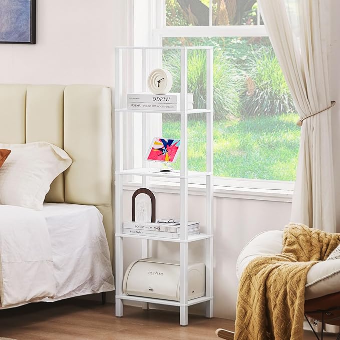 YUFAM 54in Tall Bookshelf 5-Tier Small Narrow Bookcase, Skinny Book Shelf for Small Space, Farmhouse Slim Shelf with Storage, Wood Freestanding Display Thin Bookshelves for Living Room, Office, White