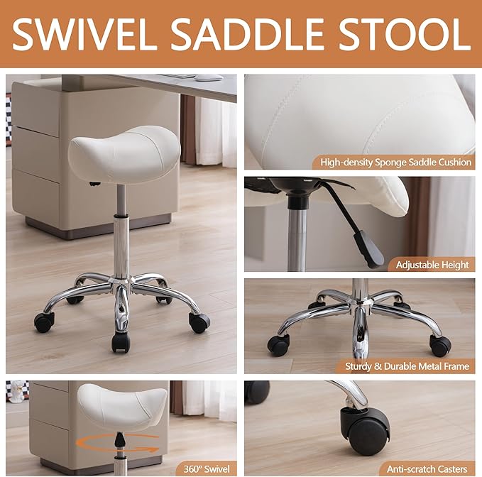 FIRAVOE Saddle Stool, Swivel Saddle Stool with Wheels, Adjustable Rolling Stool 18"-26", Faux Leather Rolling Stool for Salon, Massage, Clinic, Lab, Office (White, 1PCS (18"-26"))