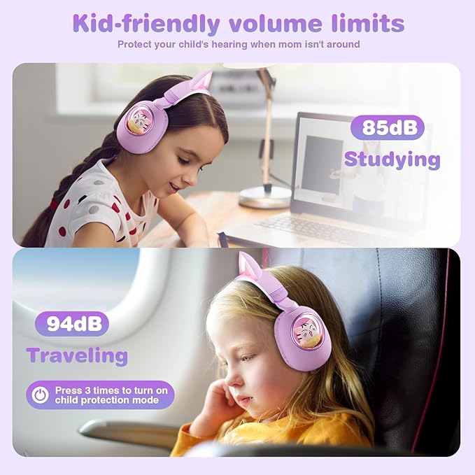 Xmenha Cat Ear Headphones for Kids, Cute Children Girl Wireless Bluetooth Headphones for School, Purple Kindergarten Light up Kawaii Kitty Noise Cancelling Headphones for Kids Teens Child Airplane