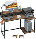 SINPAID 47 inch Computer Desk with Printer Shelf, Gaming Desk with Monitor Stand and Drawers, Reversible Home Office Desk with Storage Shelves and 2 Hooks, Home Workstation for Study Writing, Walnut