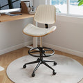 Drafting Chair, Ergonomic Office Chair with Walnut Wood Back Support, Armless PU Leather Desk Chair with Height-Adjustable, Thick Cushion for Home, Bar, Drafting, Office (Beige)