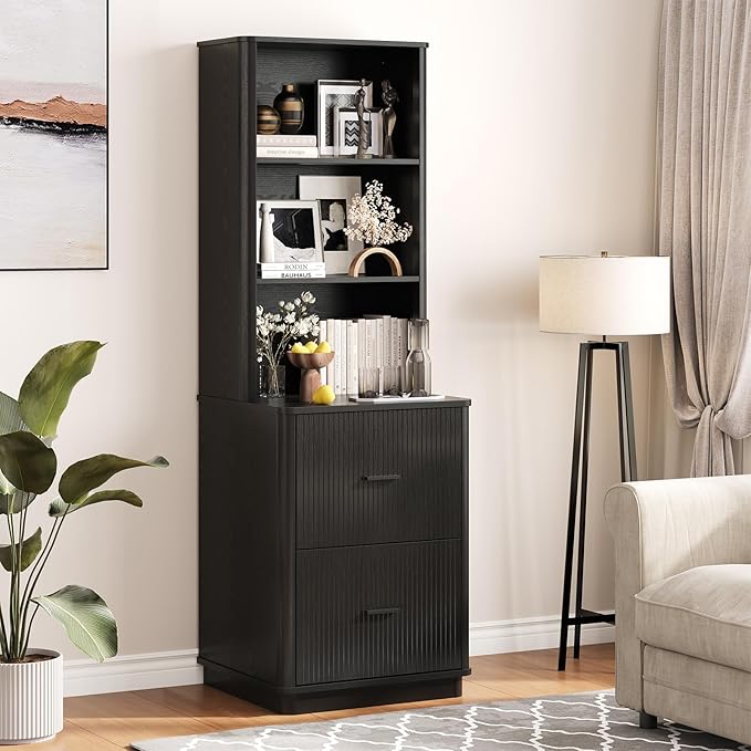 ONBRILL 71" Tall Fluted Bookcase with 2 File Drawers, Curved Design Display Bookshelf with Storage, Mid-Century Modern 3 Tier Bookcase with Sturdy Pedestal for Home Office, Living Room, Black