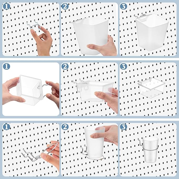 Jinei 12 Pcs Pegboard Bins and Cups with Hooks and Loops Peg Assortment Organizer Accessories Various Tool Organizer Pegboard Basket Set for Garage Workshop Workbench Office(Translucent)