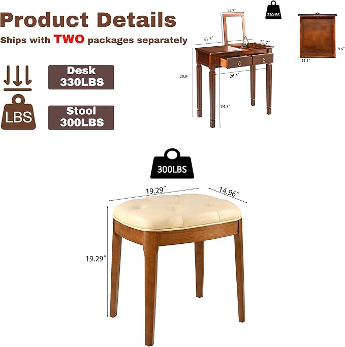 Flip Top Wood Makeup Vanity Desk Set with Mirror, Small Vintage Dressing Vanity Table Set with 2 Drawers & Matching Padded Bench Stool Writing Desk with Button Tufted Cushioned Stool, Cherry&Beige