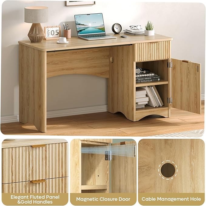 Bestier 47 inch Fluted Computer Desk with Drawer, Office Desk with File Cabinet, Modern Wood Desk with Storage Cabinet for Home Office Bedroom Study, Natual Oak