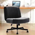 Criss Cross Chair with Wheels,Thick Padded Leather Cross Legged Office Desk Chair with Pocket Spring Cushion,Dual-Purpose Base,Wide Adjustable Computer Home Office Vanity Chair,Black