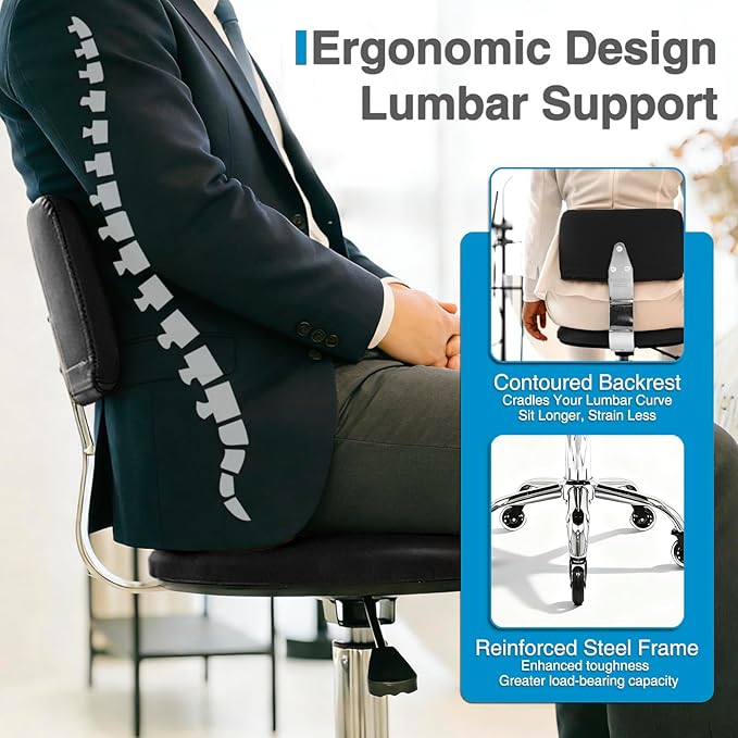 Rolling Stool Chair with Wheels, Office Drafting Chair with Back Support, Height Adjustable Standing Desk Stool with PU Leather Cushion for Home Office Kitchen Vanity Spa Garage Tattoo Dentist(Black)