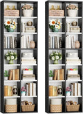 FOTOSOK 2Pcs 71'' Tall Narrow Bookshelf with 14 Cubes, 7 Tier Double Wide Bookshelf with 6 Adjustable Shelves, 19.6" Narrow DVD/CD Media Storage Shelf, Space Saving Display Shelf Cabinet, White/Black