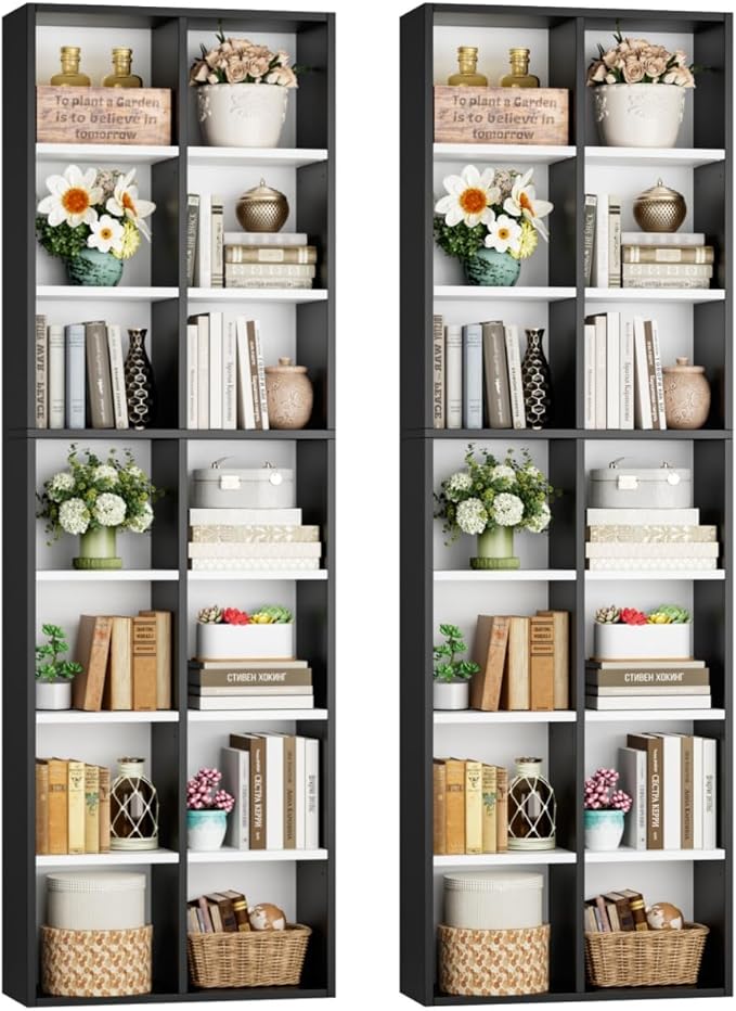 FOTOSOK 2Pcs 71'' Tall Narrow Bookshelf with 14 Cubes, 7 Tier Double Wide Bookshelf with 6 Adjustable Shelves, 19.6" Narrow DVD/CD Media Storage Shelf, Space Saving Display Shelf Cabinet, White/Black