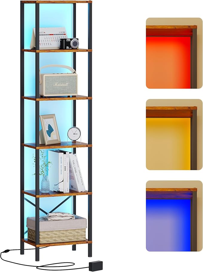 JARHETUN 6-Tier Bookshelf, Tall Narrow Bookcase with LED Lights, Book Shelf with Steel Frame, Display Storage Shelf for Living Room, Bedroom, Home Office, Study, Balcony, Rustic Brown