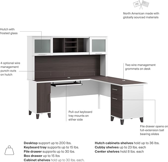 Bush Home 72-Inch L-Shaped Desk with Hutch, Corner Computer Office Desk with File and Box Drawers, Shelves and Storage Cabinet, Home Office Workstation, Somerset Collection, Storm Gray and White